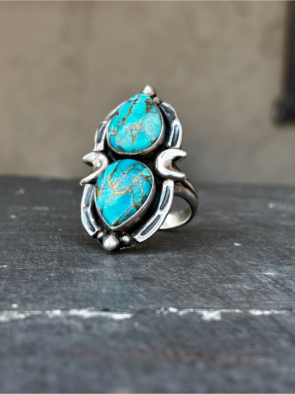 Custom Made Turquoise Double Teardrop Sterling Silver Moon Ring